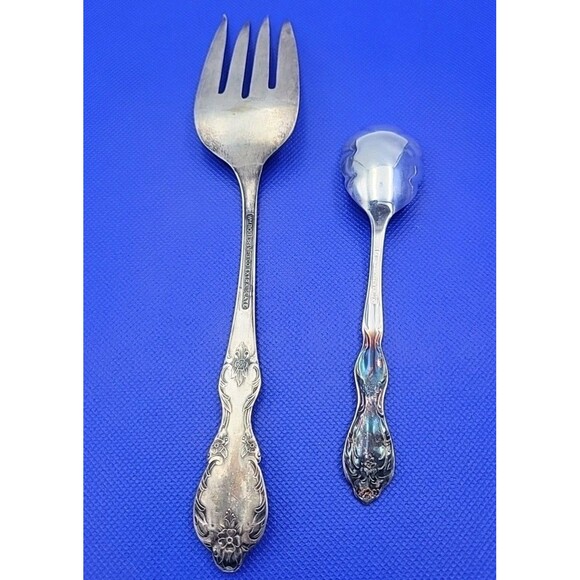 Antique  Wm Rogers Mfg Extra Plate Silver Large Serving Fork 9" W Small Spoon - Picture 5 of 9